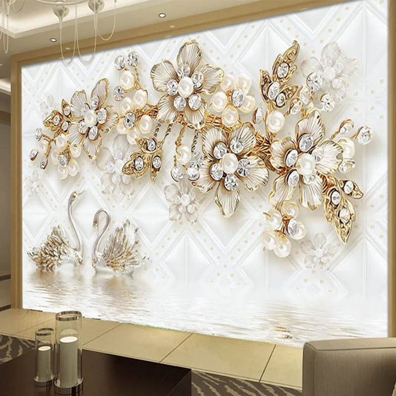 Настенные 3d обои в европейском стиле с изображением лебедя и цветов|fresco style|mural