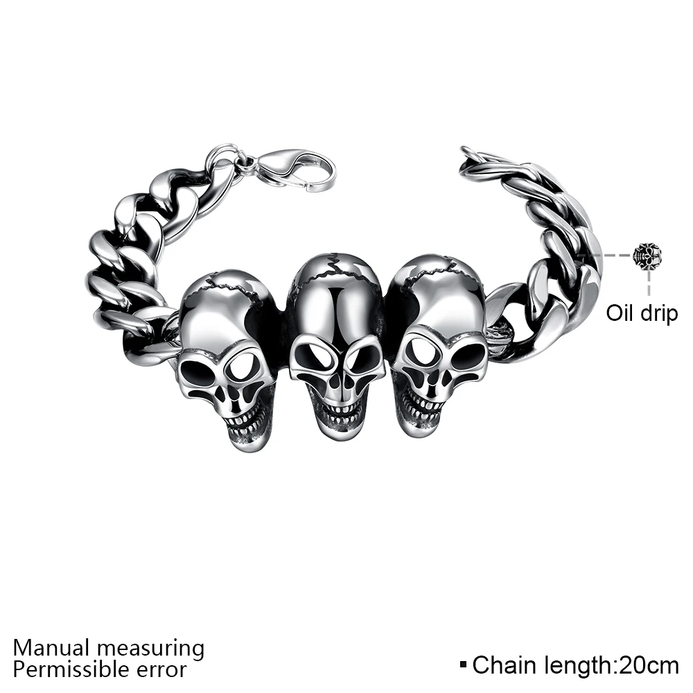 Мужская нержавеющая сталь Три черепа голова готический браслет Мода Панк звено