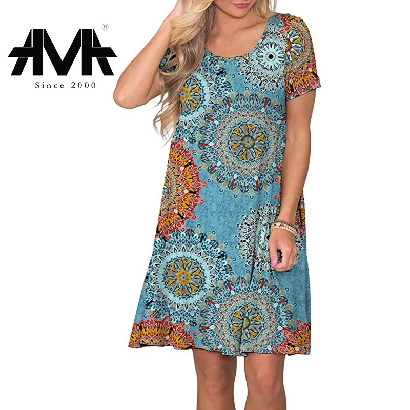 Изысканная печать 2019 летнее платье для женщин с коротким рукавом до колена
