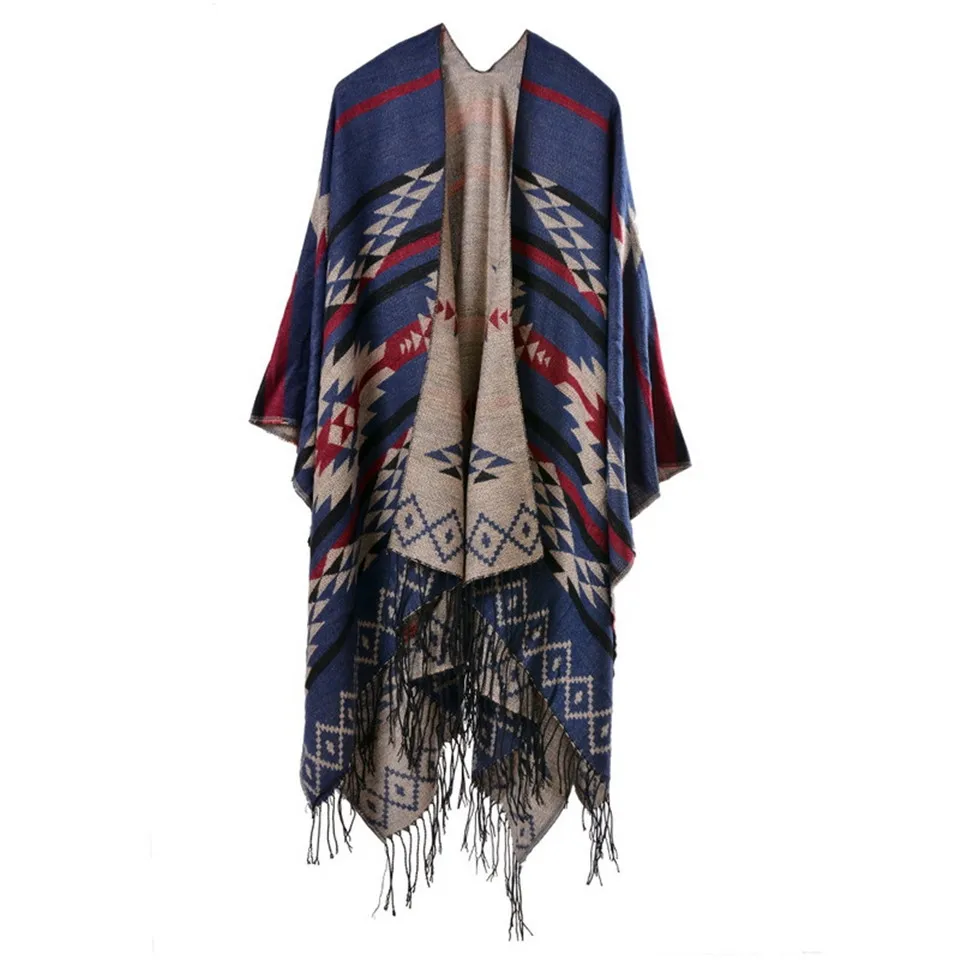 Bohemian Women's Autumn Winter Poncho Ethnic Scarf Fashion Print Blanket carves Lady Knit Shawl Tassel Cape Thicken Pashmina