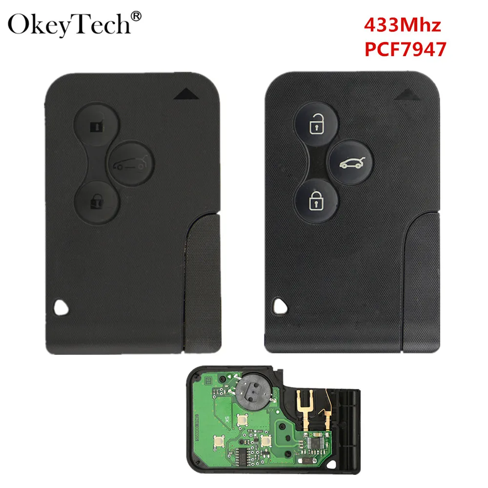 Okeytech 3 кнопки 433 МГц PCF7947 Автомобильный Дистанционный ключ-карта для Renault Megane Scenic 2003-2008 со вставкой маленькое жало ключа