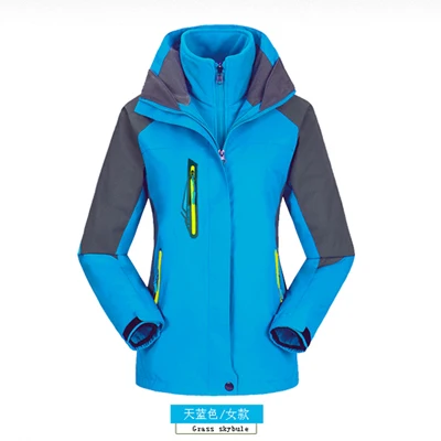 Womens Sky Blue 3 в 1 ветрозащитная водонепроницаемая одежда для альпинизма Зимний толстый теплый комплект из двух предметов мужские и женские пальто походные куртки - Цвет: Womens Sky Blue