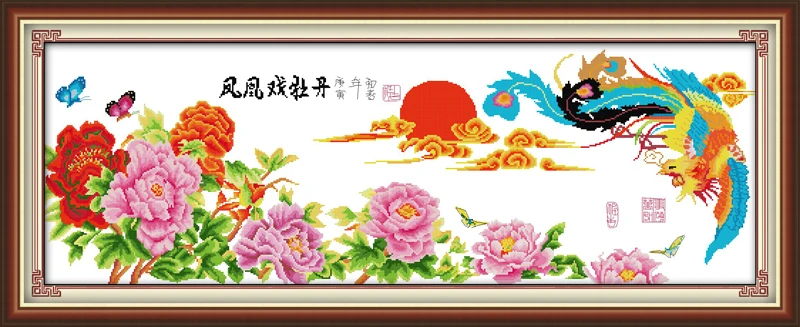 

Phoenix play with peony cross stitch kit flower 18ct 14ct 11ct count printed canvas stitching embroidery DIY handmade needlework