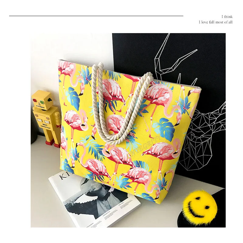 Женская холщовая Повседневная сумка с принтом фламинго пляжная на одно плечо