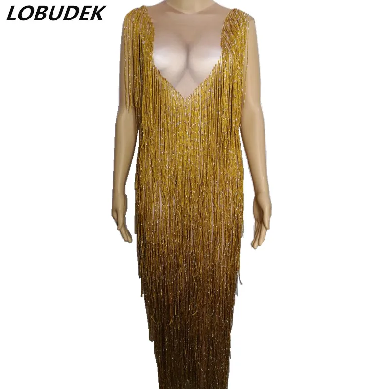 High Quality Women Gold Tassels Long Dress Sparkly Crystals Leotard Dresses Sexy Nightclub DJ Singer Stage Costume Party Clothes