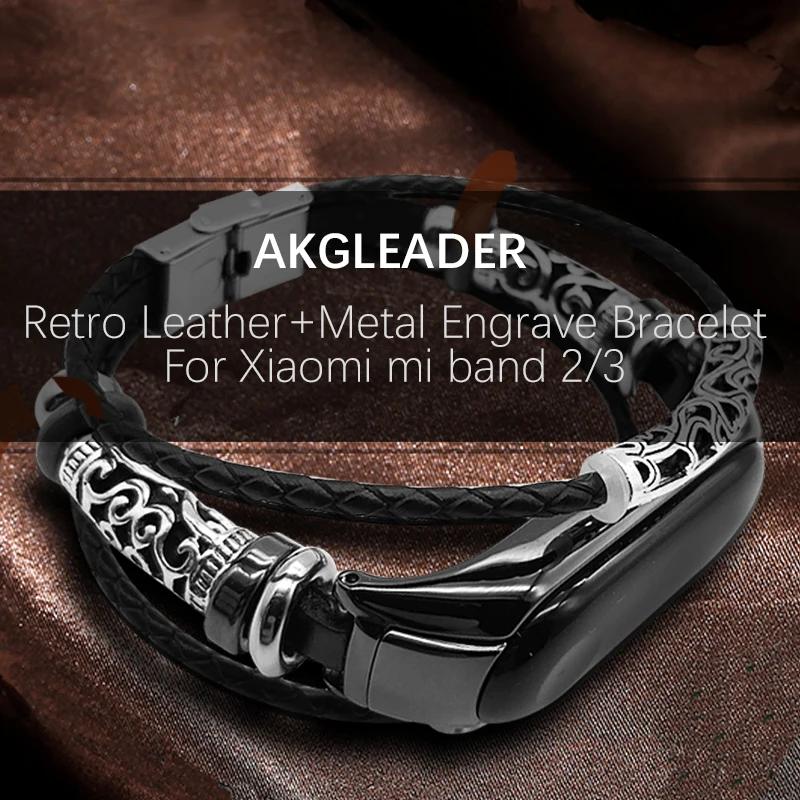 AKGLEADER For Xiaomi Band 3 4 5 6 7 Retro Watch Band  Leather With Jewelry Wrist Strap For Xiaomi Mi2 Bracelet horloges bandje