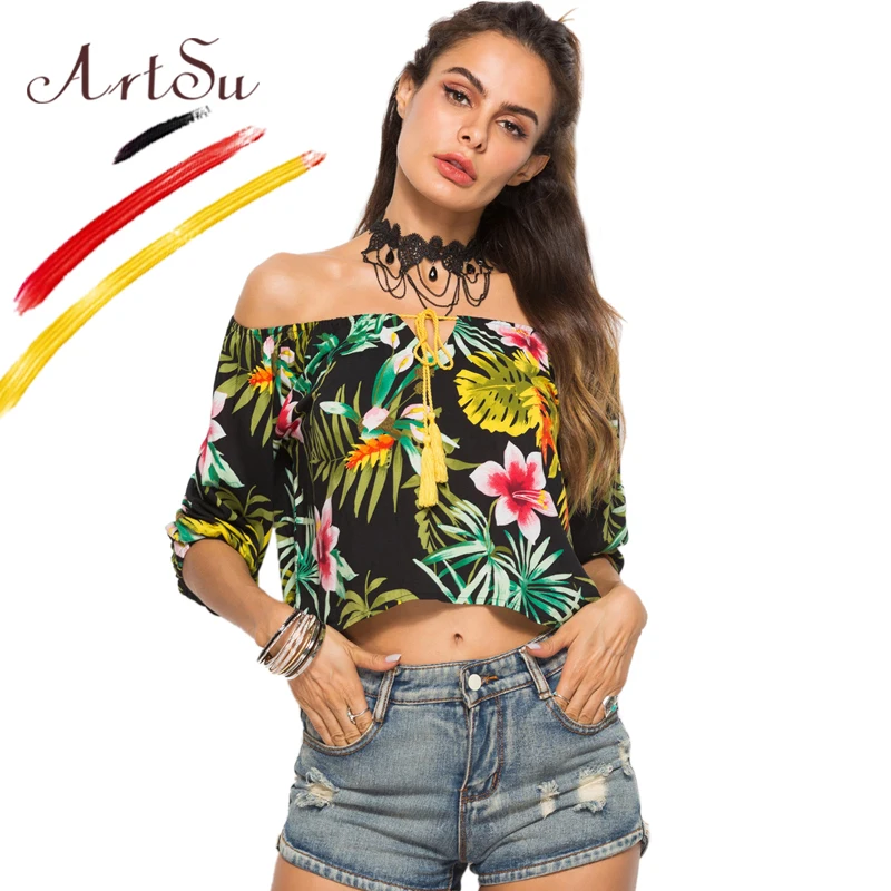 ArtSu Women Three Quarter Spring Summer Blouse 2019 Boho Sexy Off Shoulder Crop Top Casual Beach Floral Print Shirt Blusas Mujer |
