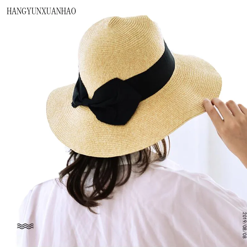

HANGYUNXUANHAO Summer Sun Hat Women Straw Hats Sunshade Panama Cap Fashion Bow Beach Hat Foldable Travel Caps