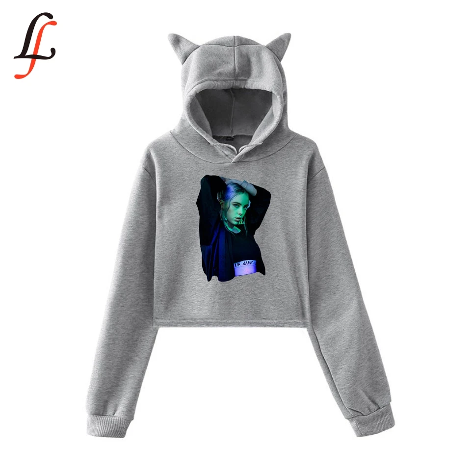 Billie Eilish Кепка с кошачьими ушками сексуальные толстовки модный тренд короткий кошачий Топ Женская толстовка с принтом сексуальная одежда Kpop