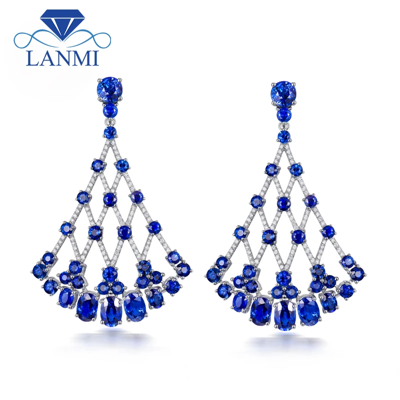LANMI, Новое поступление, роскошный дизайн, твердые, 18 К, белое золото, натуральные серьги с голубым сапфиром, блестящие ювелирные изделия с бриллиантами для женщин, вечерние, подарок