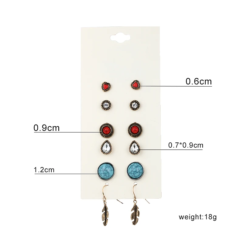 Shineland Fashion Accessories Stud Earring Sets 6 Pairs Round Waterdrop Leaves Resin Stone Crystal Earrings For Women Brincos | Украшения и