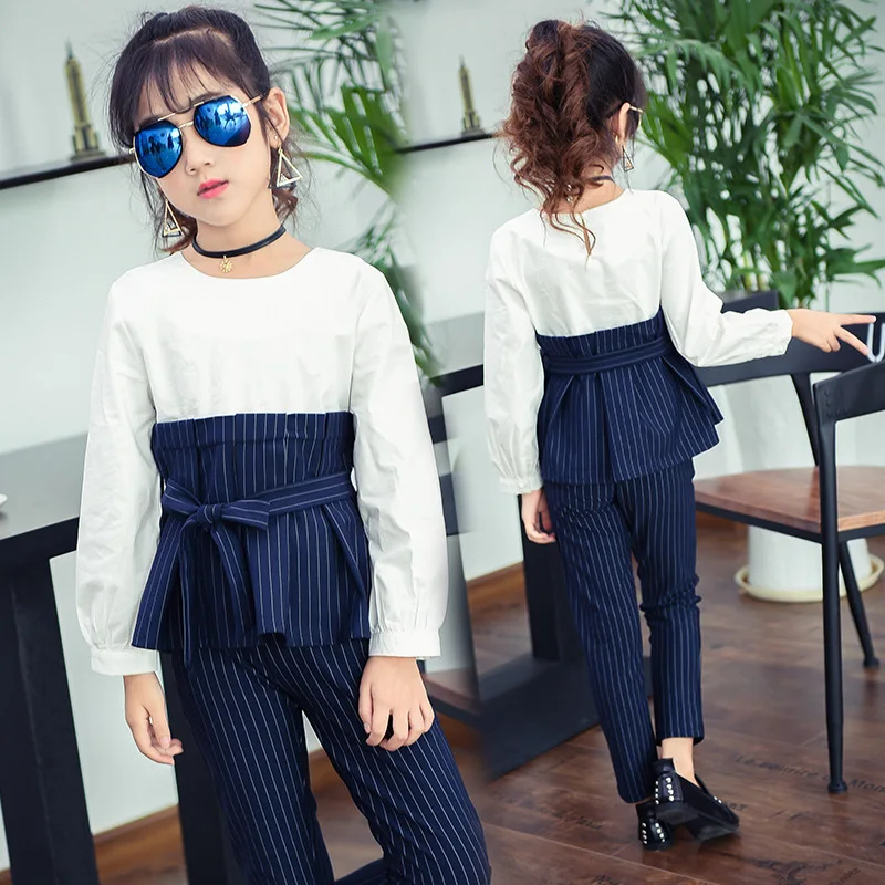 Детские Полосатые комплекты одежды для девочек подростков с длинными рукавами