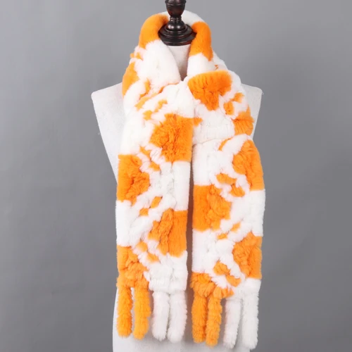 ORANGE AND WHITE Женский Настоящий мех кролика, длинные шарфы, женские зимние теплые натуральный мех кролика Рекс, вязаные шарфы с кисточками, клетчатые шали из натурального меха - Цвет: ORANGE AND WHITE