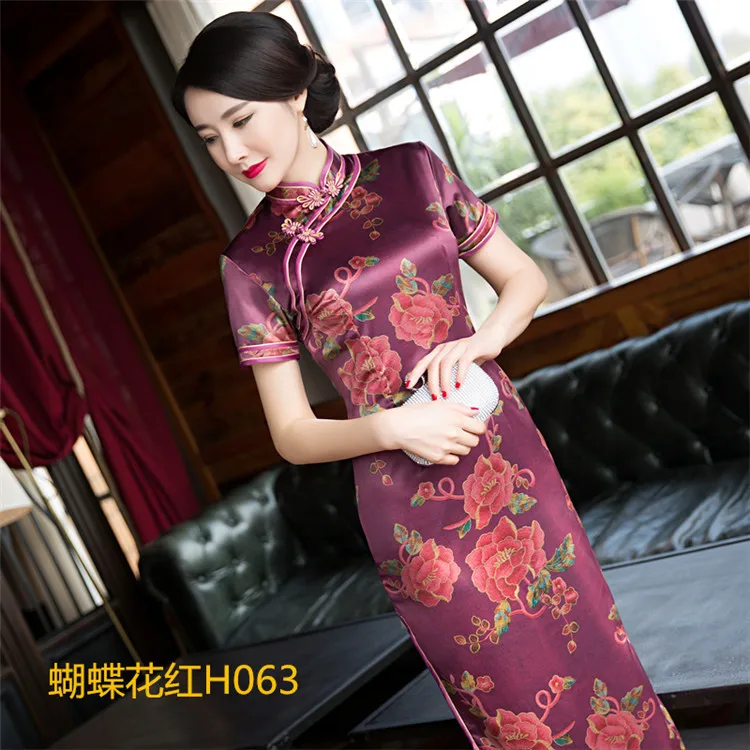 H063 Традиционное современное китайское платье Ципао cheongsam свадебное платье для женщин летнее женское длинное красное зеленое черное размера плюс шелк - Цвет: H063