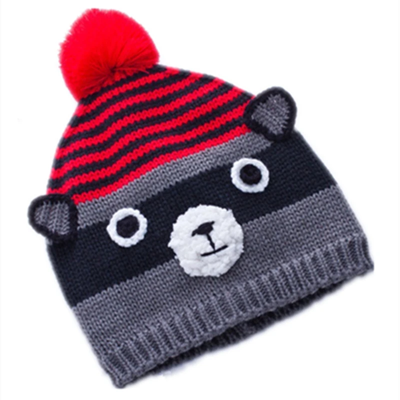 

Cartoon Anime cute raccoon Grizzly bear wool Cotton knitting winter Warm plush hat kid baby Animals Soft Cosplay Cap Beanies pom