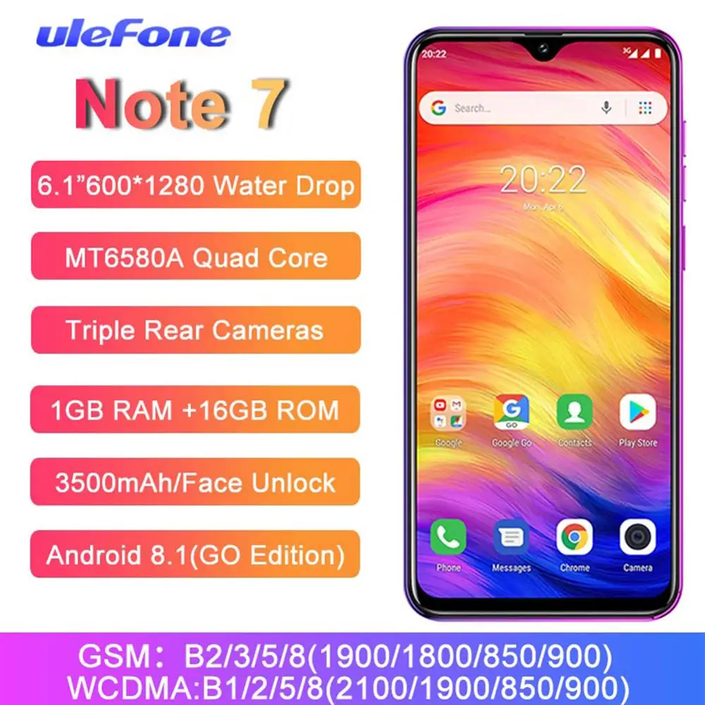 Смартфон Ulefone Note 7 6 1 дюймов четырехъядерный процессор MT6580A 3500 мА/ч ГБ ram 16 rom Face ID