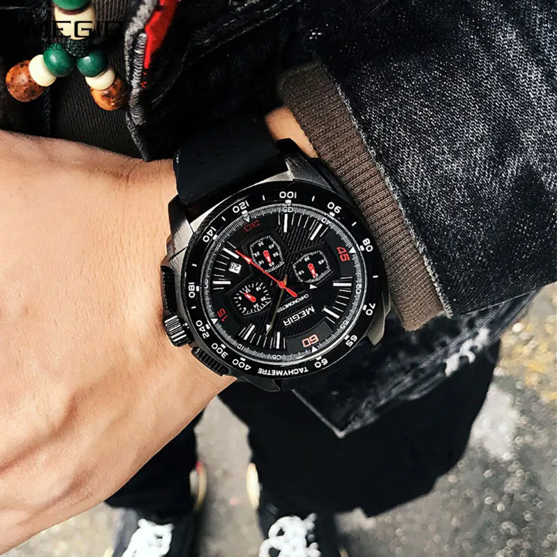 Часы MEGIR мужские наручные с силиконовым ремешком повседневные водонепроницаемые