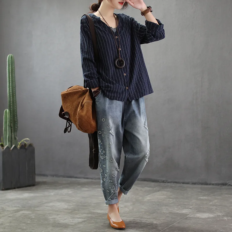Spring Jeans Loose Elastic Waist Casual Women Denim Pants 2019 New Female Embroidery pocket hole Vintage Trousers |