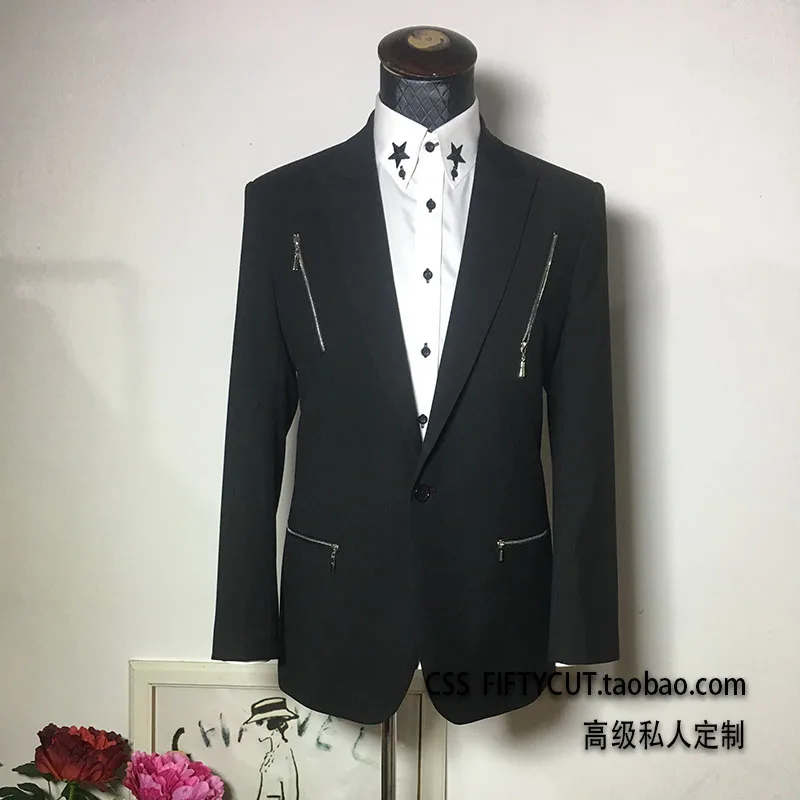 XS-5XL Мужская одежда новая мода стилист волос Мода walk-show Косой молнии костюм куртка плюс размер костюмы - Цвет: Черный