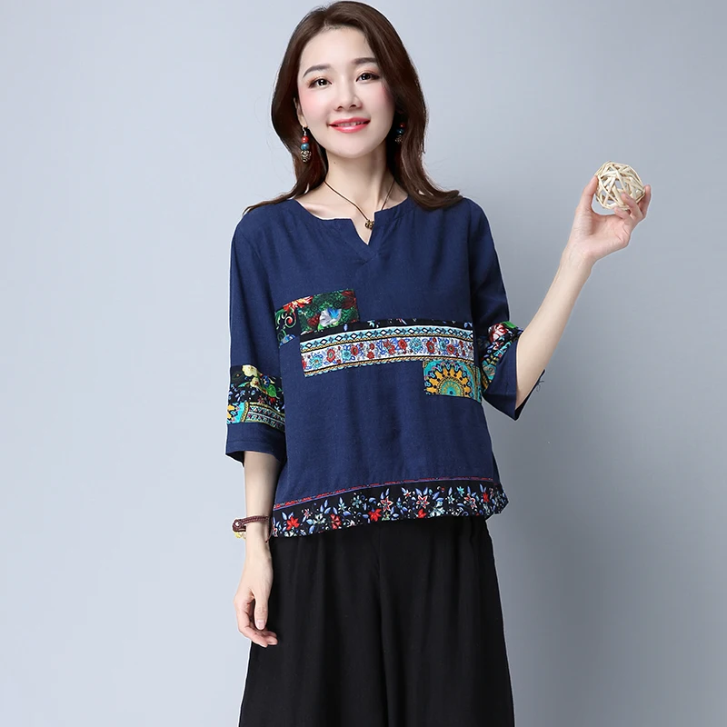 

National wind female short T-shirt 2020 new cotton shirt shirt literary patch loose fifth sleeve shirt