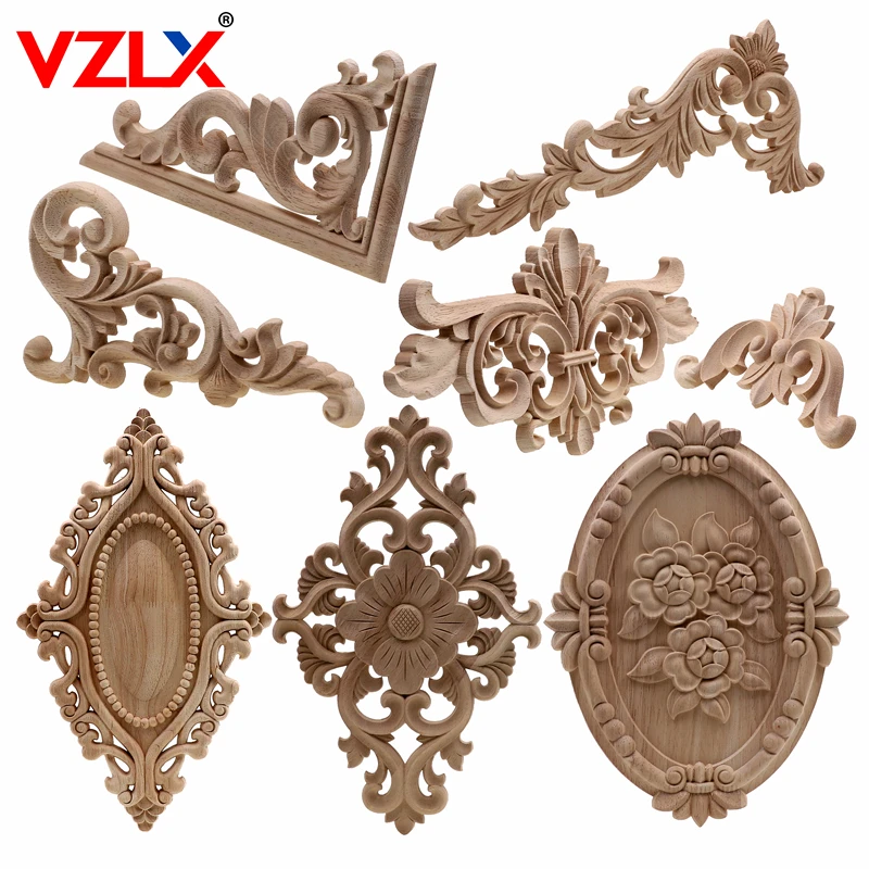 

VZLX Unique Natural Floral Wood Carved Wooden Figurines Crafts Corner Appliques Frame Wall Door Furniture Woodcarving Decorative
