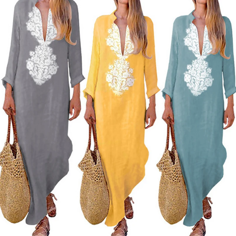 Женское платье макси пляжные платья с длинным рукавом льняные в стиле бохо лето