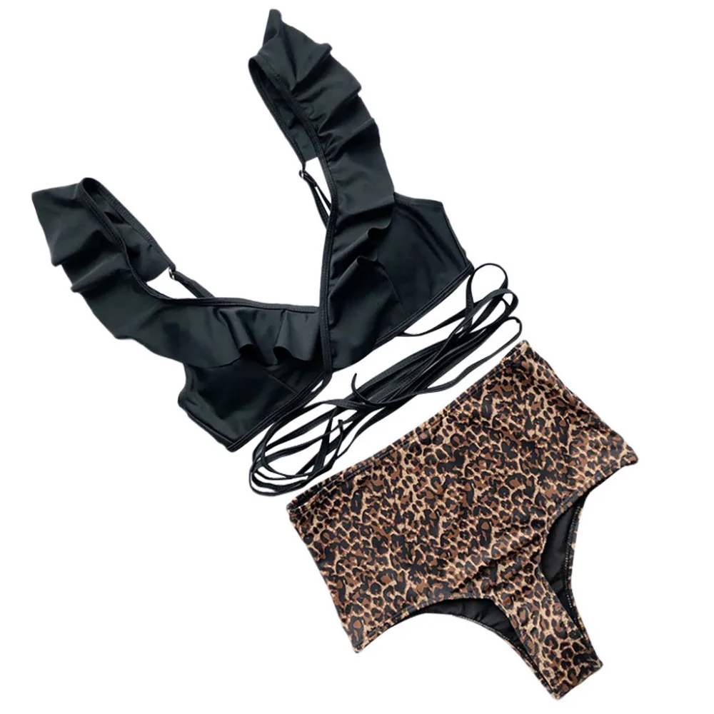 Женский комплект бикини с леопардовым принтом купальник лямками и оборками