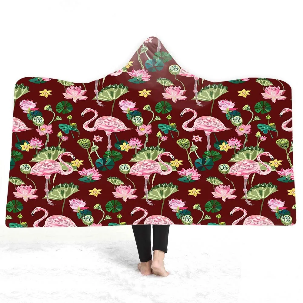 Tropical Plant Flamingo Hooded Blanket Sherpa Fleece Ocean Blue Wearable Plush Throw On Bed Sofa Thick Warm Home Textile | Дом и сад