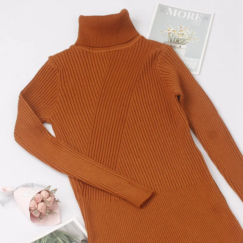 brown 11789 ONLYSVTER, Осень-зима, женское платье-свитер с высоким воротом, модные платья в рубчик, длиной до колена, длинное, толстое, теплое женское платье - Цвет: brown 11789
