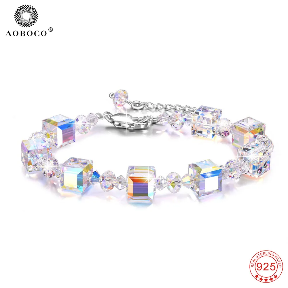 Прозрачный AOBOCO браслет Романтика Регулируемый Кристалл от Swarovski 925 пробы Серебряный браслет браслеты ювелирные изделия женские трендовые подарки - Цвет камня: Прозрачный