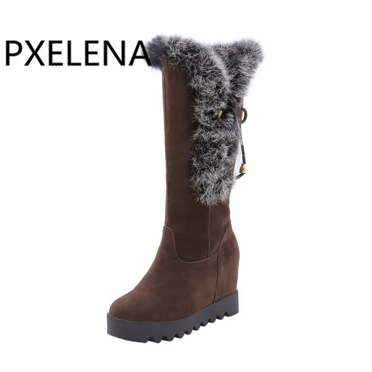 PXELENA/2018 теплые зимние сапоги женские из флока с круглым носком на скрытом высоком