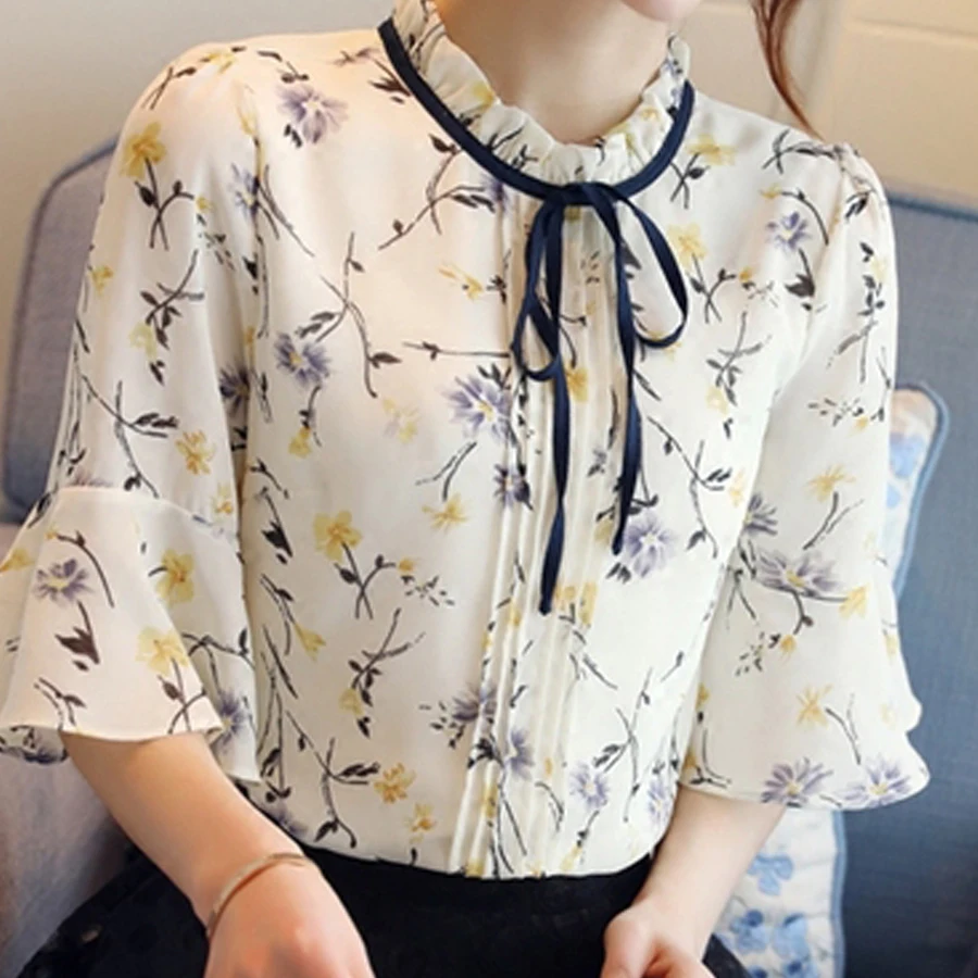 Шифоновая Блузка с рюшами и принтом Женская винтажная плиссированная блуза