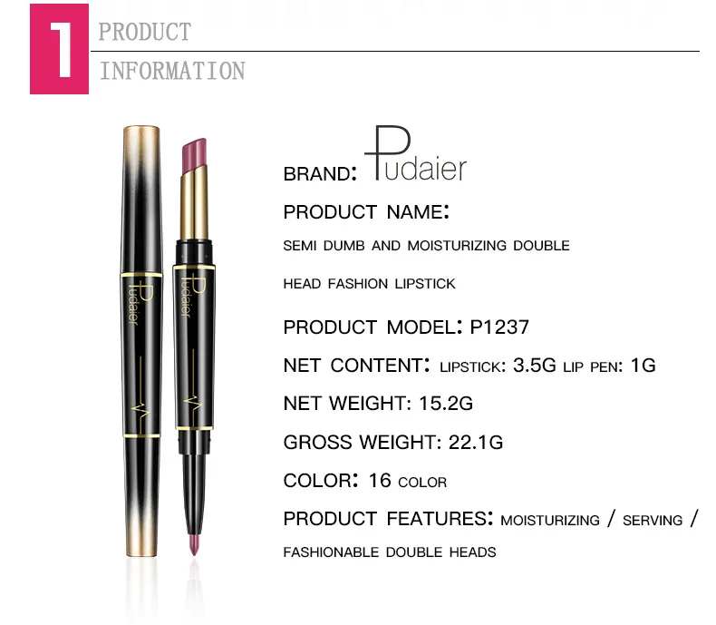 Pudaier 16 Colors Double-Head Matte Lipstick Lipliner Mat Lips Liner Pen Sexy Nude Red Lip Pencil Long Lasting Makeup Cosmetic |
