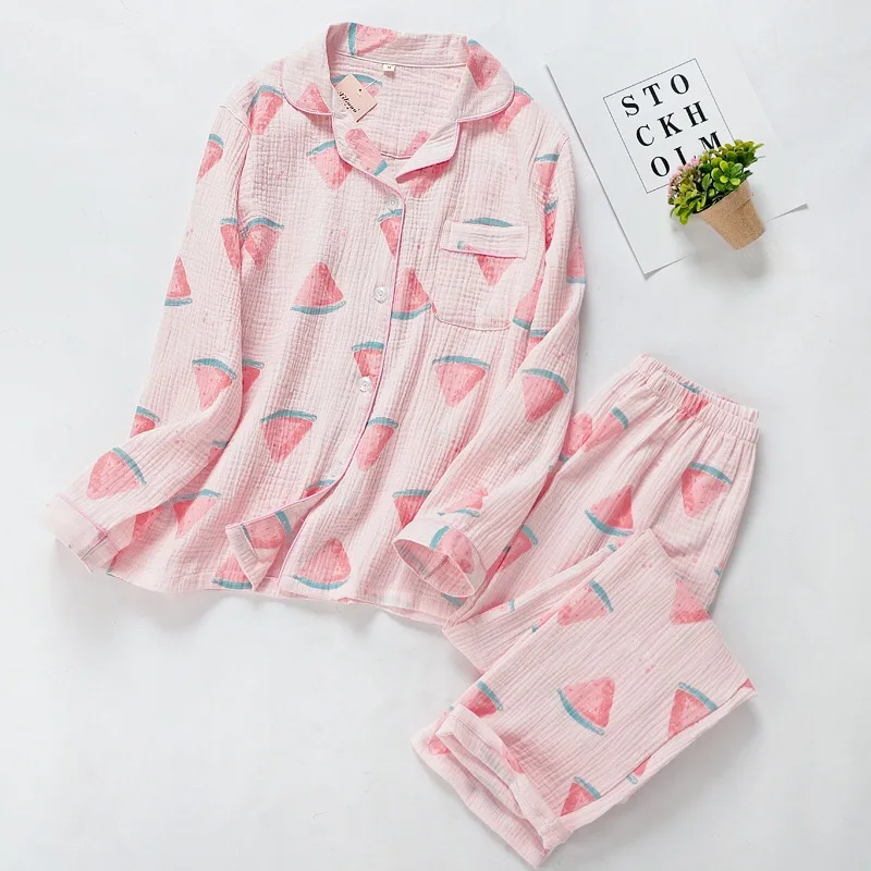 Весенне-летний комплект свободных пижам для дам Ins Fresh style Женская одежда для сна удобная газовая хлопковая Домашняя одежда с рисунком арбуза
