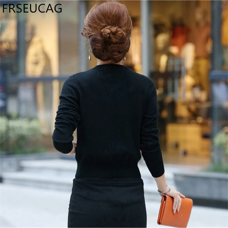FRSEUCAG двубортный кашемировый свитер сплошной цвет вязаный маленький жакет Круглый вырез кардиган Короткая секция