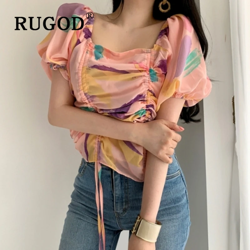 RUGOD корейский шик сладкий печатных женщин Блузка Элегантный квадратный вырез