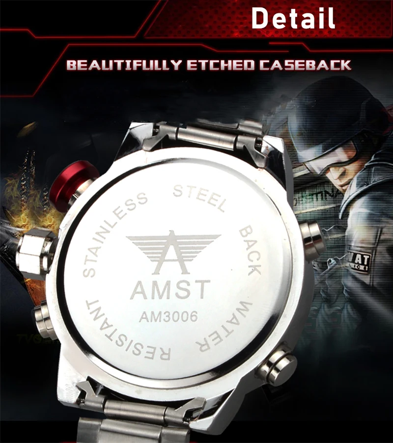 Люксовый бренд AMST мужские G стильные ударные часы светодиодный дисплей военные часы мужские двойной дисплей часы 5 бар водонепроницаемые кварцевые часы