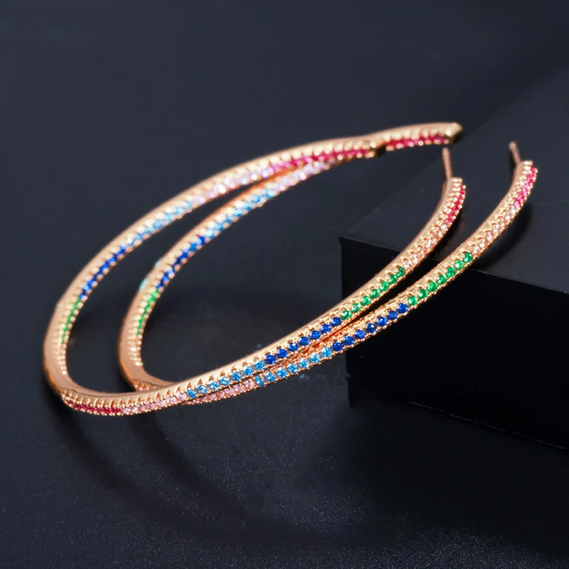 Pera Chic Colorful Cubic Zirconia Delicate Simple Rainbow Big Round Circle Gold Thin Hoop Earrings Jewelry for Women Gift E402 | Украшения