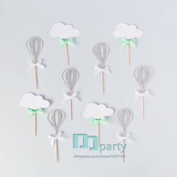 12 шт. топперы для капкейков с облаками и воздушными шарами. Серебристый зеленый