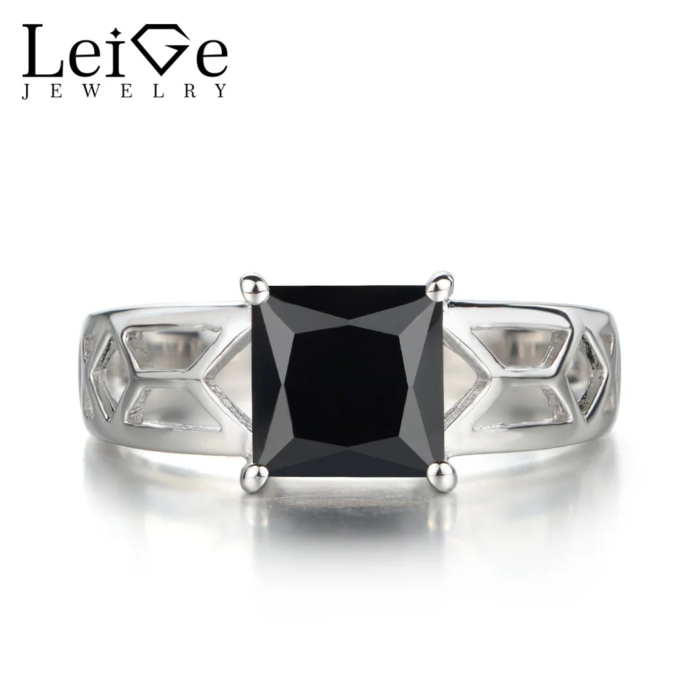 

Leige Jewelry Black Spinel Ring Princess Cut Solitaire Wedding Engagement Rings for Women 925 Sterling Silver Black Gemstone