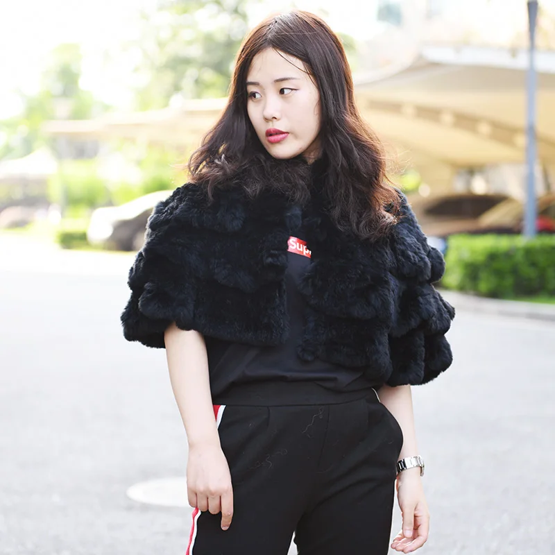 CX-B-19 2018 Real Women Fashion Style Knitted Shawl Ladies Rabbit Fur Cape | Wraps