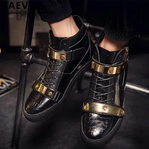 

Eur39-46 Punk Style Show Stage Black Ankle Booties Gold Metal Men Leather Flats Winter Hip Hop Dancing Shoe Sapatos Masculinos