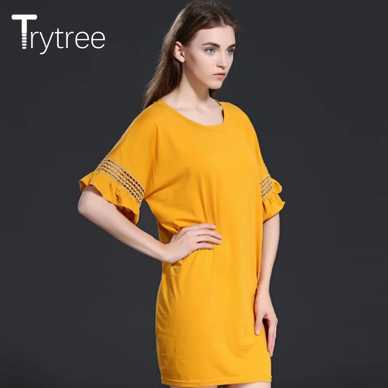 Trytree летнее женское платье повседневное одноцветное 2 цвета с круглым вырезом