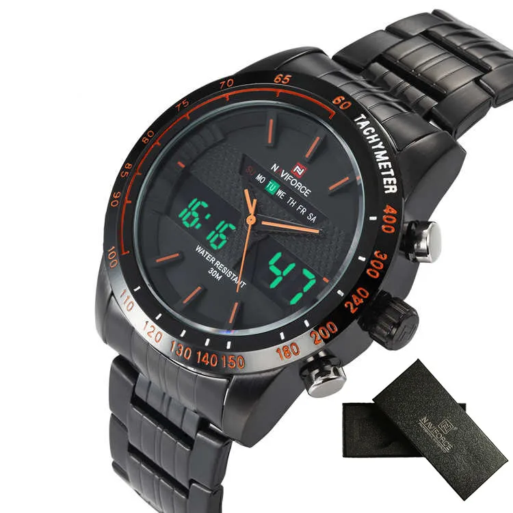 black orange NAVIFORCE, повседневные часы для мужчин, спортивные, светодиодный, цифровые часы, водонепроницаемые, кварцевые часы для мужчин, люксовый бренд, стальной ремешок, relogio masculino, часы - Цвет: black orange