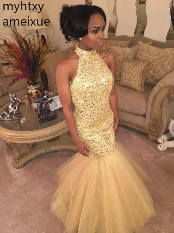 2020 New Neck Backless Mermaid Long Evening Dresses Elegant Beaded Floor Length Special Occasion Party Gowns Women Formal Dress