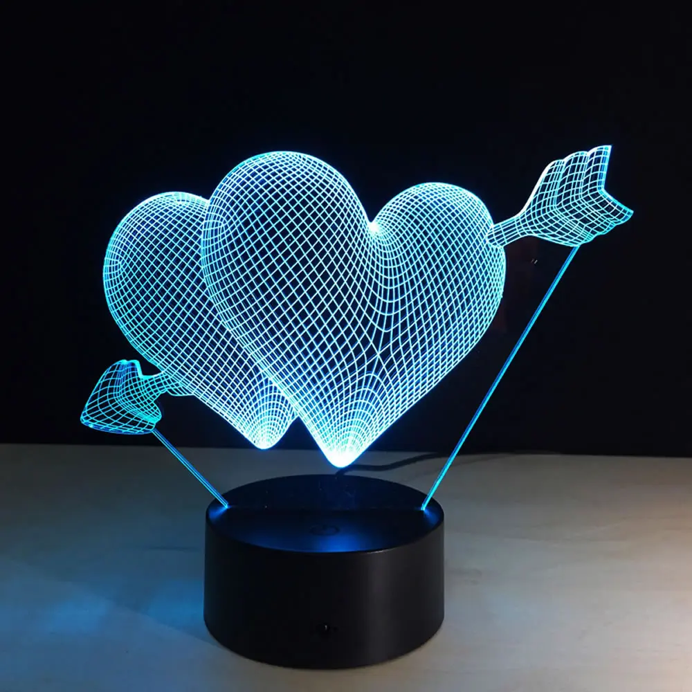 3D стрела купидона ночной Светильник Красивая цветная (RGB) любящее сердце Форма