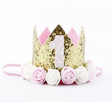Light pink 1 Девочка 1-й ободок для дня рождения первый день рождения ребенок розовый цветы Корона 2-й 3-й синий фиолетовый цветочный праздничный колпак золотая корона с блестками - Цвет: Light pink 1
