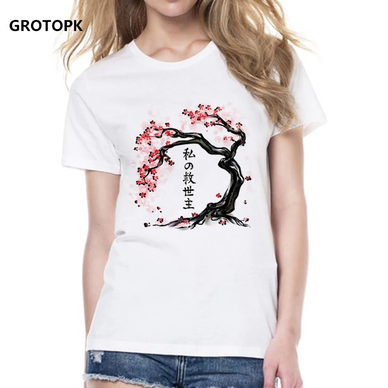 Женская футболка Sakura Cherry Blossom, новинка, модная футболка, белая футболка, женская футболка, топы, Повседневная Уличная одежда, Harajuku
