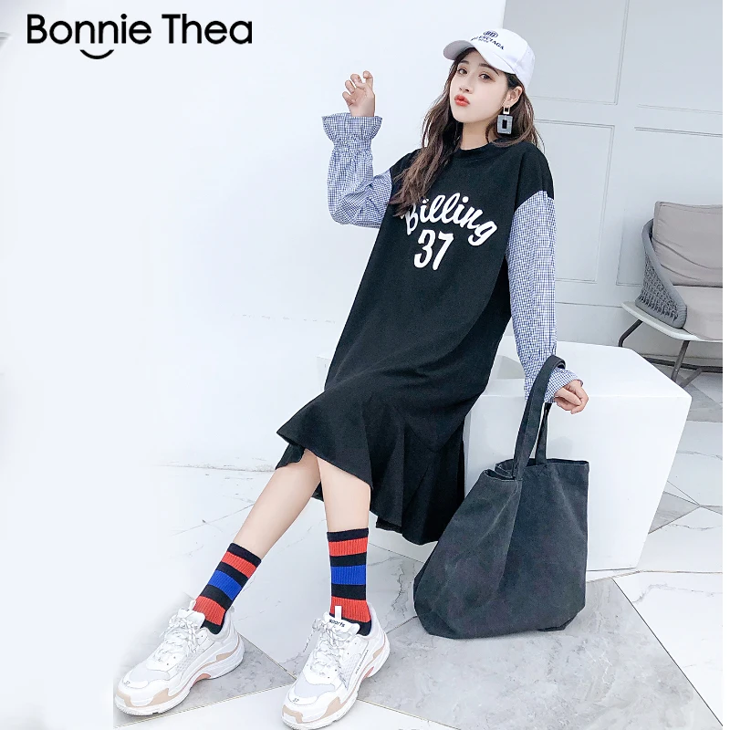 Bonniethea 2018 для женщин Большие размеры Осень Толстовка Труба платье Однотонная