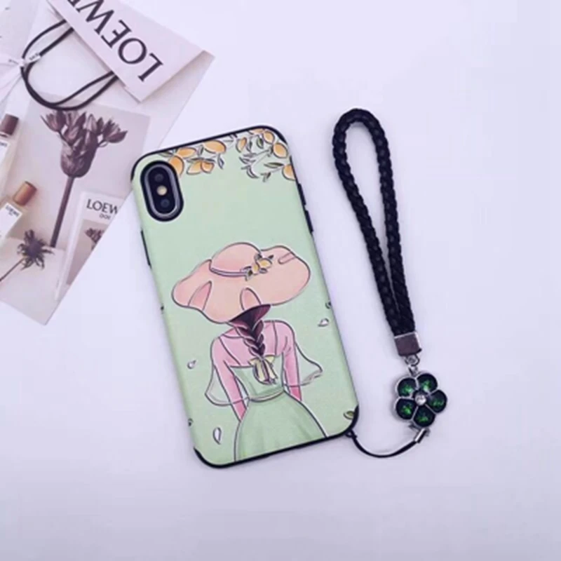 Green Cartoon Back Girl + Lanyard Phone Case for 6 6s 7 8 Plus Pink All inclusive Soft Cover XS Max XR X | Мобильные телефоны и
